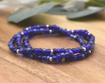 DARK BLUE Beaded Bracelet | Royal Blue, Navy & Silver accents | 4mm Seed Bead | Stacking Bracelet