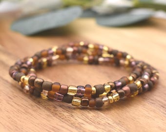 MAHOGANY Beaded Bracelet | Brown, Copper, Tan & Gold accents | 4mm Seed Bead | Stacking Bracelet | Handmade