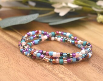 METALLIC BLUE & PURPLE Beaded Bracelet | Silver accents | 4mm Seed Bead | Stacking Bracelet | Handmade