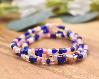 DARK BLUE and CORAL Beaded Bracelet | Royal Blue, Navy & Coral accents | 4mm Seed Bead | Stacking Bracelet