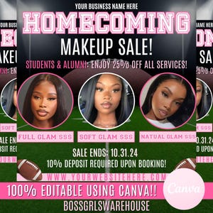 Homecoming Makeup Sale Flyer, Makeup Flyer, MUA Flyer, Book Now Flyer, Homecoming Bookings Hair Special Flyer, Homecoming Canva Lashes Flyer