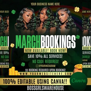 May include: A green and gold graphic with the text "March Bookings" in large, bold letters. The graphic also includes the text "Now Available! Book Now!" and "Save 10% All Services! No Code Required!" with a shamrock and gold coins.