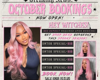 May include: A promotional advertisement with a newspaper theme. The headline reads "Breaking News! OCTOBER BOOKINGS NOW OPEN!" A woman with pink hair is featured, along with text that says "Hey Witches!" and "Get Drop Dead Gorgeous This Spooky Season!"