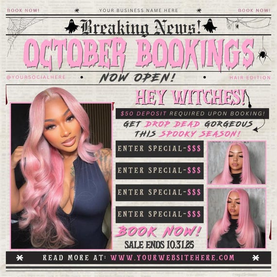 October Booking Flyer, October Books Open, Halloween Hair Flyer, Spooky SZN Flyer, October Hair Flyer, Nails MUA Lash Locs Wig, DIY Canva