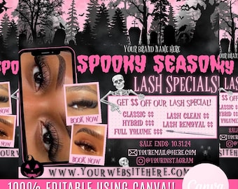Flyer d'Halloween, Vente flash d'Halloween, Flyer d'octobre, Vente de cils d'octobre, Flyer Réserver maintenant, Flyer pour rendez-vous, Cils d'Halloween roses