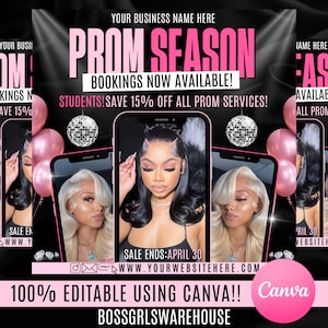 May include: Prom season advertisement with pink and black design. The text reads "Prom Season Bookings Now Available!" and "Save 15% Off All Prom Services!" The image includes a smartphone with a woman's image, pink balloons, and a disco ball.