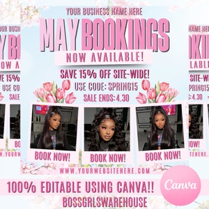 Mei boekingsflyer, mei afspraak flyer, Moederdag flyer, haarmake-up MUA, Canva wimpers vlechten pruik flyer, boek nu flyer, mei verkoop flyer
