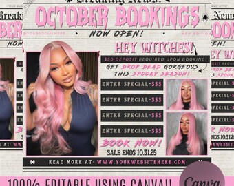 May include: A pink and black promotional graphic for October bookings. The graphic features a woman with pink hair, text that reads "Breaking News! October Bookings Now Open!" and the text "Hey Witches!" with a call to action to book now.