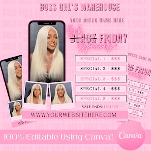 Black Friday Specials Template, Black Friday Flyer, Canva Black Friday Sale Flyer, Pink Black Friday Flash Sale Canva Business, Hair Flyer