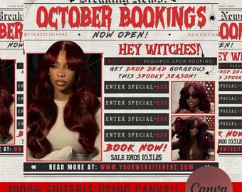 May include: A red and white Halloween-themed advertisement with the headline "October Bookings Now Open!" featuring a woman with red hair. The ad includes text like "Hey Witches!" and "Book Now!" with a website address and Canva logo.