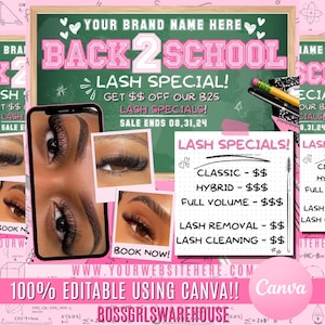 新学期ラッシュセールチラシ、ラッシュテックチラシテンプレート、新学期ヘアチラシ、8月予約チラシ、Canva予約受付中B2Sヘアチラシ