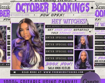 May include: A promotional graphic for October bookings, featuring a woman with purple-streaked hair. The design includes text that reads "Breaking News! October Bookings Now Open!" and "Hey Witches!" with a call to action to book now.