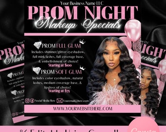 Prom Makeup Specials Flyer, DIY Prom Queen MUA Eyelash Extensions Appointments Bookings Social Media Instagram Editable Canva Template Post