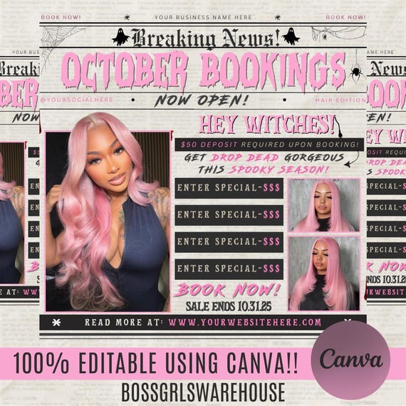 October Booking Flyer, October Books Open, Halloween Hair Flyer, Spooky SZN Flyer, October Hair Flyer, Nails MUA Lash Locs Wig, DIY Canva