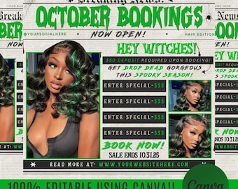 May include: A promotional flyer with a Halloween theme. The headline reads "October Bookings" in green, with the text "Hey Witches!" and images of a woman with green-streaked hair. The flyer includes text about booking specials.