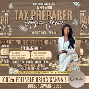 Può includere: Un volantino marrone e oro con il testo "Meet Your Tax Preparer Asia Janal" e una foto di una donna. Il volantino pubblicizza servizi di preparazione fiscale e include il testo "Specializing in... Audit Restoration, Loan Approval, Payroll Services & More!" e "Book Your Consultation Today! Now Accepting New Clientelle! Deadline to File: 4.15.25".