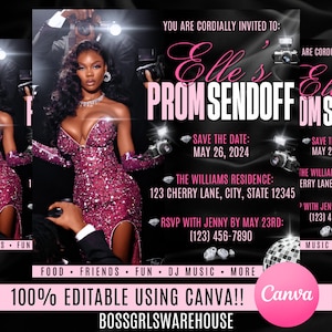 May include: A black and white invitation with pink text for a prom sendoff party. The invitation features a photo of a woman in a sparkly pink dress. The text reads "Elle's Prom Sendoff" and includes the date, location, and RSVP information.