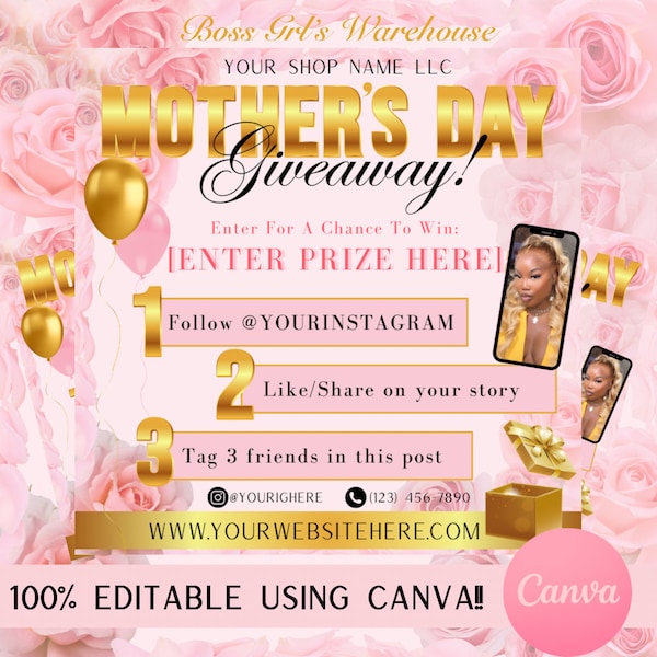 Mothers Day Giveaway Flyer, DIY Flyer Template Design, Canva Giveaway, Giveaway Flyer, Spring Hair Specials Flyer, Premade Business Flyer