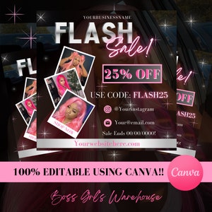 Flash Sale Flyer Template, Shop Now Hair Bundles Lash Tech Makeup Nail Boutique, Business Branding, Social Media Editable DIY Canva Template