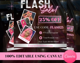 Flash Sale Flyer Template, Shop Now Hair Bundles Lash Tech Makeup Nail Boutique, Business Branding, Social Media Editable DIY Canva Template