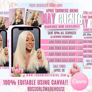 Mei boekingsflyer, mei afspraak flyer, Moederdag flyer, haarmake-up MUA, Canva wimpers vlechten pruik flyer, boek nu flyer, mei verkoop flyer