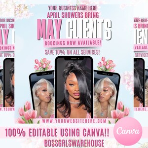 Mei boekingsflyer, mei afspraak flyer, Moederdag flyer, haarmake-up MUA, Canva wimpers vlechten pruik flyer, boek nu flyer, mei verkoop flyer