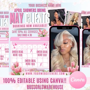 Mei boekingsflyer, mei afspraak flyer, Moederdag flyer, haarmake-up MUA, Canva wimpers vlechten pruik flyer, boek nu flyer, mei verkoop flyer