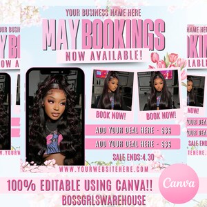 Mei boekingsflyer, mei afspraak flyer, Moederdag flyer, haarmake-up MUA, Canva wimpers vlechten pruik flyer, boek nu flyer, mei verkoop flyer