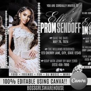 May include: Black and white invitation with a diamond border. The invitation is for a prom sendoff party for Elle. The date of the party is May 26, 2024. The location is The Williams Residence, 123 Cherry Lane, City, State 12345. RSVP with Jenny by May 23rd at (123) 456-7890. The invitation is 100% editable using Canva and is from Bossgirlswarehouse.