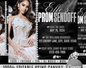 May include: Black and white invitation with a diamond border. The invitation is for a prom sendoff party for Elle. The date of the party is May 26, 2024. The location is The Williams Residence, 123 Cherry Lane, City, State 12345. RSVP with Jenny by May 23rd at (123) 456-7890. The invitation is 100% editable using Canva and is from Bossgirlswarehouse.