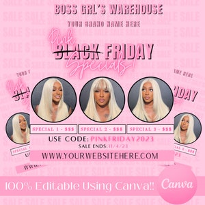 Modelo de promoções da Black Friday, folheto da Black Friday, folheto de liquidação da Black Friday da Canva, liquidação relâmpago da Black Friday rosa da Canva Business, folheto de cabelo