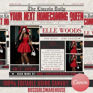 Könnte beinhalten: Eine Zeitungsanzeige für Elle Woods, eine Kandidatin für die Homecoming Queen. Die Anzeige zeigt ein Foto einer Person in einem roten Kleid und einer Schleife mit dem Text "Vote Elle Woods 2025 Homecoming Queen". Die Anzeige ist zu 100 % mit Canva bearbeitbar.