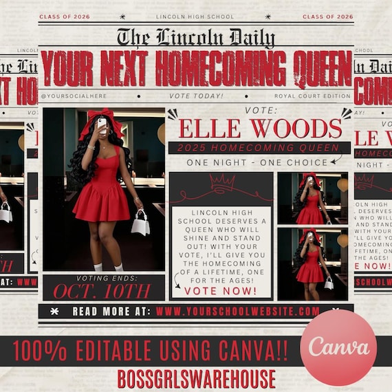 Homecoming Queen Vote Flyer, Newspaper Style (Canva Template)