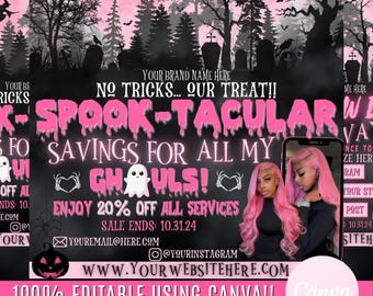 May include: Pink and black Halloween-themed flyer with a ghost, bats, and a graveyard. The text reads "No Tricks... Our Treat!!" and "K-Spook-tacular Savings for All My Ghouls!" with a 20% off sale on all services. The sale ends on 10.31.24. The flyer is 100% editable using Canva and is from Bossgirlswarehouse.