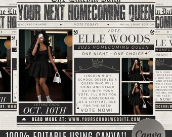 Homecoming Newspaper Flyer, Homecoming Flyer,  Homecoming Queen & King Vote Flyer, Canva Campaign Flyer, Election Flyer Prom Queen Flyer