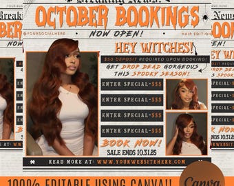 May include: A promotional flyer with an orange and black color scheme, advertising October bookings. The text reads "Breaking News! October Bookings Now Open!" and includes images of women with long, wavy hair. The flyer also includes the text "Hey Witches!" and "Book Now!"