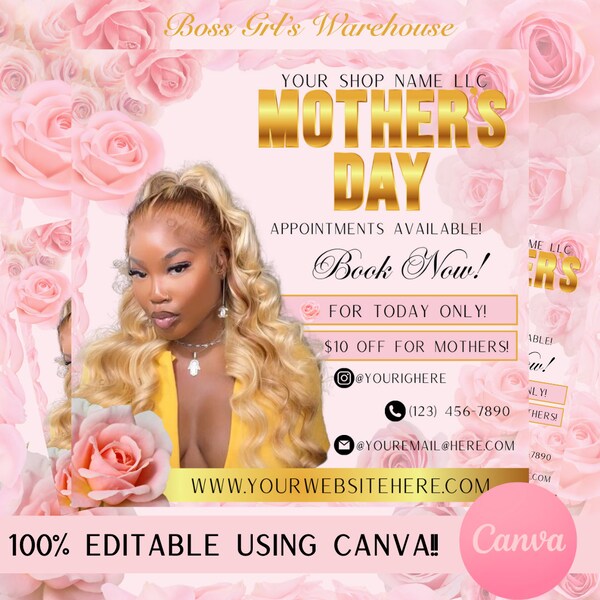 Mothers Day Bookings Flyer, Book Now Flyer, May Appointment Flyer, DIY Mothers Day Sale Flyer, Beauty Hair Nails Boutique Flyer, Canva Posts