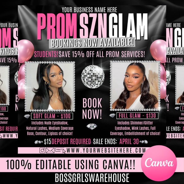 Prom Makeup Specials Flyer, DIY Prom Queen MUA Eyelash Extensions Appointments Bookings Social Media Instagram Editable Canva Template Post