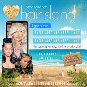 May include: Promotional graphic for Hair Island USA, featuring three women with styled hair in a phone frame. Text includes "I got a text!" and "Enter Specials Here!" on a beach scene with a sign that says "Book Now and Become a Bombshell!"