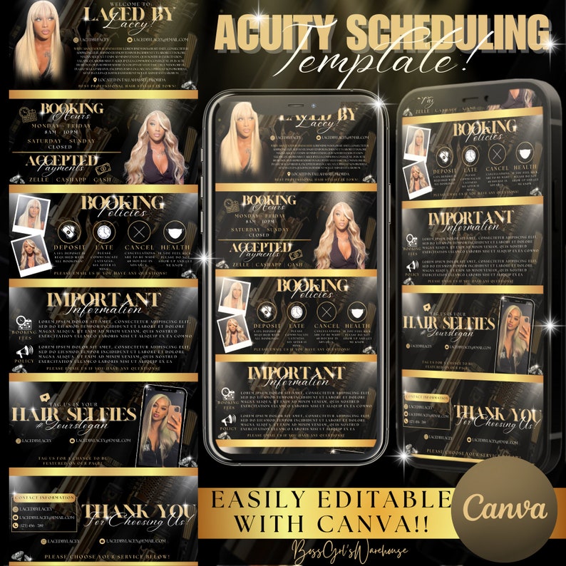 May include: A digital template for Acuity Scheduling, with a black and gold design. The template includes sections for booking policies, accepted payments, and important information. The text "EASILY EDITABLE WITH CANVA!!" is also visible.