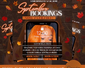May include: A social media post announcing September bookings are now open. The post features a phone screen with a notification that says "Hey Dolls! September bookings are now available. Click the link in the Instagram Bio to book! Limited spacing available." The post is decorated with autumn leaves and the text "Boss Grl's Warehouse" and "NOW AVAILABLE!"