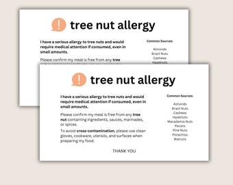 Printable Tree Nut Allergy Food Alert Cards - Allergy Travel Cards - Personalized Medical Alert Card - Printable Food Warning Cards For Chef