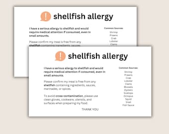Printable Shellfish Allergy Food Alert Cards - Allergy Travel Cards - Personalized Medical Alert Card - Printable Food Warning Card For Chef