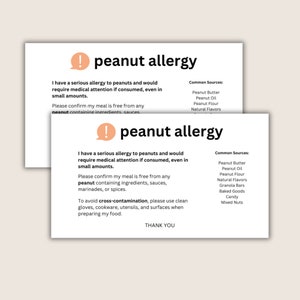 Schede di allerta alimentare stampabili per allergie alle arachidi, biglietti da viaggio per allergie, scheda di allerta medica personalizzata, schede di allerta alimentare stampabili per chef