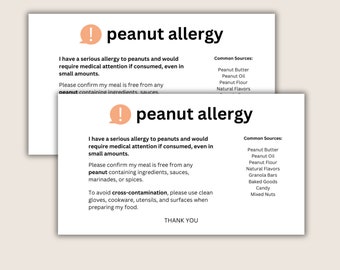 Printable Peanut Allergy Food Alert Cards - Allergy Travel Cards - Personalized Medical Alert Card - Printable Food Warning Cards For Chef