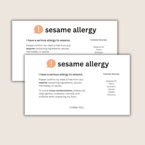 Afdrukbare Sesamallergie Voedselwaarschuwingskaarten - Allergiereiskaarten - Gepersonaliseerde medische waarschuwingskaart - Afdrukbare voedselwaarschuwingskaart voor chef-kok