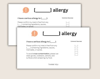 Customizable Food Allergy Warning Alert Cards - Medical Alert Card For Travel - Personalized Medical Alert Card - Food Allergy Card For Chef