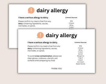 Printable Dairy / Lactose Allergy Food Alert Cards - Food Allergy Travel Card - Personalized Medical Alert Card - Food Warning Card For Chef