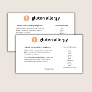 Afdrukbare glutenvrije voedselallergiekaart - medische waarschuwingskaarten coeliakie - voedselallergiekaarten voor op reis - reiscadeau