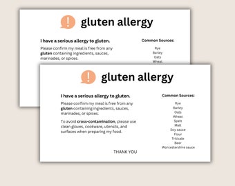 Printable Gluten Free Food Allergy Card - Celiac Disease Medical Alert Cards - Food Allergy Cards For Travel - Travel Gift